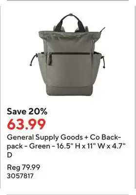 Staples General Supply Goods + Co Backpack - Green - 16.5 H x 11 W x 4.7 D offer