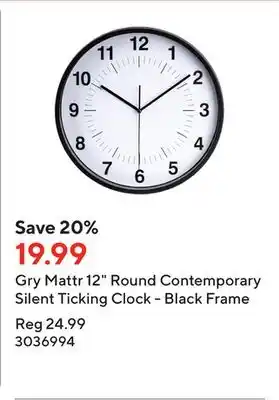 Staples Gry Mattr 12 Round Contemporary Silent Ticking Clock - Black Frame offer