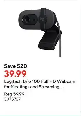 Staples Logitech Brio 100 Full HD Webcam for Meetings and Streaming, Auto-Light Balance Built-In Mic - Graphite offer