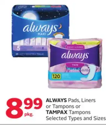Rexall ALWAYS Pads, Liners or Tampons or TAMPAX Tampons offer