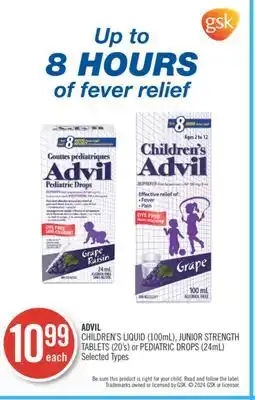Shoppers Drug Mart ADVIL CHILDREN'S LIQUID (100mL), JUNIOR STRENGTH TABLETS (20's) or PEDIATRIC DROPS (24mL) offer