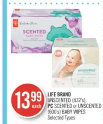 Shoppers Drug Mart LIFE BRAND UNSCENTED (432's), PC SCENTED or UNSCENTED (600's) BABY WIPES offer