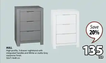 JYSK HULL High-profile, 3-drawer nightstand offer