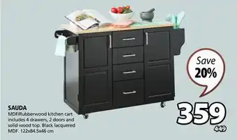 JYSK SAUDA MDF/Rubberwood kitchen cart includes 4 drawers, 2 doors and solid wood top offer