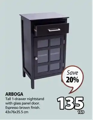 JYSK ARBOGA Tall 1-drawer nightstand with glass panel door offer