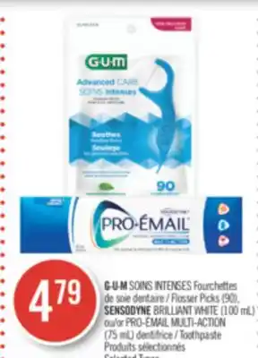 Pharmaprix G·U·M SOINS INTENSES Flosser Picks (90), SENSODYNE BRILLIANT WHITE (100 mL) or PRO-ÉMAIL MULTI-ACTION (75 mL) Toothpaste offer