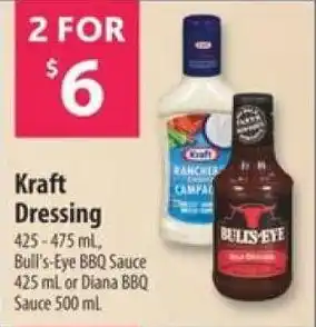 Co-op Kraft Dressing 425-475ml, Bull's-Eye BBQ Sauce 425mL or Diana BBQ Sauce 500ml offer