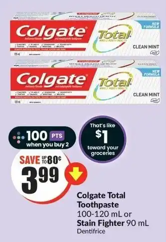 FreshCo Colgate Total Toothpaste 100-120mL or Stain Fighter 90mL offer
