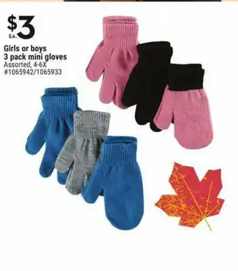 Giant Tiger Girls or boys 3 pack mini gloves offer