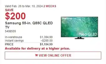 Costco Samsung 55-in. Q85C QLED TV offer