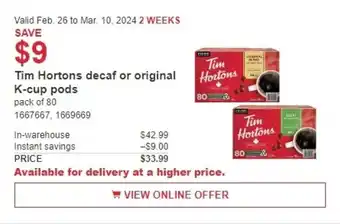 Costco Tim Hortons decaf or original K-cup pods offer