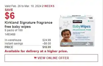 Costco Kirkland Signature fragrance free baby wipes offer