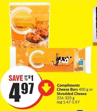 FreshCo Compliments Cheese Bars 400g or Shredded Cheese 226-320g offer