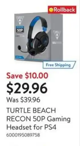 Walmart TURTLE BEACH RECON 50P Gaming Headset for PS4 offer