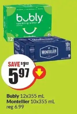 FreshCo Bubly 12x355 mL Montellier 10x355 mL offer