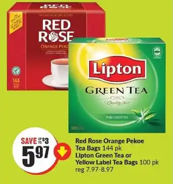 FreshCo Red Rose Orange Pekoe Tea Bags 144 pk Lipton Green Tea or Yellow Label Tea Bags 100 pk offer