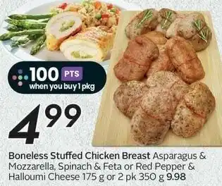 Sobeys Boneless Stuffed Chicken Breast Asparagus & Mozzarella, Spinach & Feta or Red Pepper & Halloumi Cheese 175 g or 2 pk 350g offer
