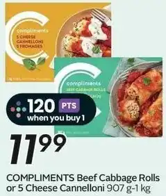 Sobeys COMPLIMENTS Beef Cabbage Rolls or 5 Cheese Cannelloni 907 g-1 kg offer