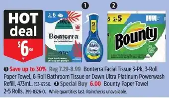 Canadian Tire Bonterra Facial Tissue 3-Pk, 3-Roll Paper Towel, 6-Roll Bathroom Tissue or Dawn Ultra Platinum Powerwash Refill, 473mL offer