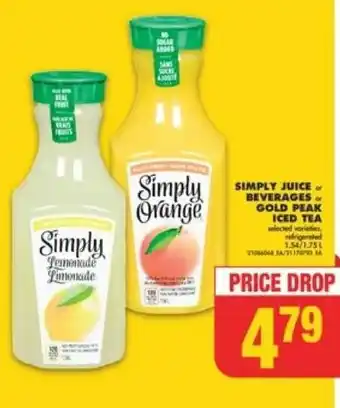 No Frills SIMPLY JUICE of BEVERAGES or GOLD PEAK ICED TEA offer