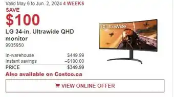 Costco LG 34-in. Ultrawide QHD monitor offer