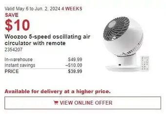 Costco Woozoo 5-speed oscillating air circulator with remote offer