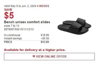 Costco Bench unisex comfort slides offer