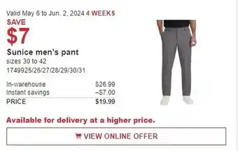 Costco Sunice men's pant offer
