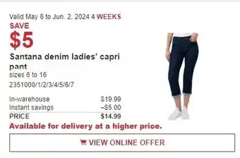 Costco Santana denim ladies' capri pant offer