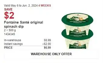 Costco Fontaine Santé original spinach dip offer