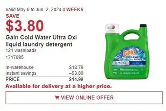 Costco Gain Cold Water Ultra Oxi liquid laundry detergent offer