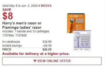 Costco Harry's men's razor or Flamingo ladies' razor offer