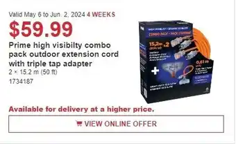 Costco Prime high visibilty combo pack outdoor extension cord with triple tap adapter offer