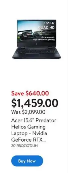 Walmart Acer 15.6" Predator Helios Gaming Laptop - Nvidia GeForce RTX... offer
