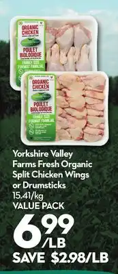 Longo's Yorkshire Valley Farms Fresh Organic Split Chicken Wings or Drumsticks offer