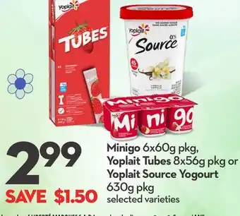 Longo's Minigo 6x60g pkg, Yoplait Tubes 8x56g pkg or Yoplait Source Yogourt 630g pkg offer
