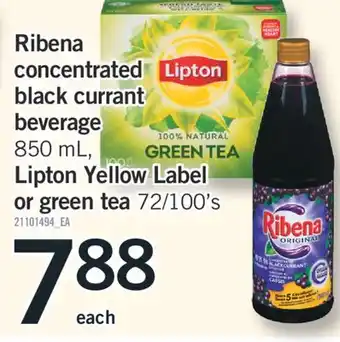 Fortinos RIBENA CONCENTRATED CURRANT BLACK CURRANT BEVERAGE BEVERAGE 850 ML, 850 ML, LIPTON YELLOW LABEL LIPTON YELLOW LABEL OR GREEN offer