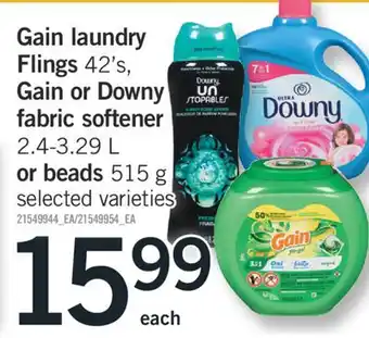 Fortinos GAIN LAUNDRY FLINGS 42'S, GAIN OR DOWNY FABRIC SOFTENER 2.4-3.29 L OR BEADS 515 G offer