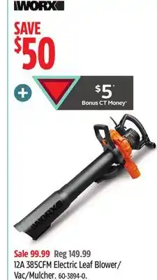 Canadian Tire Worx 12A385CFM Electric Leaf Blower/ Vac/Mulcher offer
