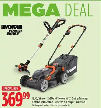 Canadian Tire Worx 2x20V 14 mower & 12 String Trimmer Combo with 2x4Ah Batteries & Charger offer