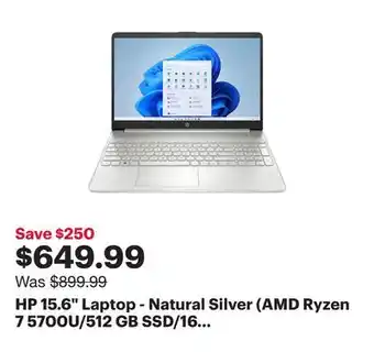 Best Buy HP 15.6 Laptop - Natural Silver (AMD Ryzen 7 5700U/512 GB SSD/16 GB RAM/AMD Radeon Graphics/Windows 11) offer