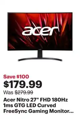 Best Buy Acer Nitro 27 FHD 180Hz 1ms GTG LED Curved FreeSync Gaming Monitor (ED273 S3biip) – Black offer