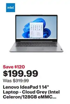 Best Buy Lenovo IdeaPad 1 14 Laptop - Cloud Grey (Intel Celeron/128GB eMMC SSD/4GB RAM) offer