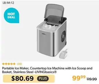 Shopper+ Portable Ice Maker, Countertop Ice Machine with Ice Scoop and Basket, Stainless Steel -LIVINGbasics offer
