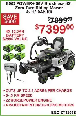 Atlas Tools & Machinery EGO POWER+ 56V Brushless 42 Zero Turn Riding Mower 4x 12.0Ah Kit offer