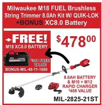 Atlas Tools & Machinery Milwaukee M18 Fuel Brushes String Trimmer 8.0AH KIT W/QUIK-LOK +BONUS XC8.0 BATTERY offer