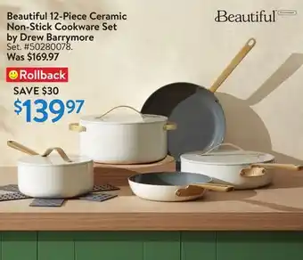 Walmart Beautiful 12-piece Ceramic Non-Stick Cookware Set by Drew Barrymore offer