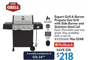Walmart Expert Grill 4-Burner Propane Gas Grill with Side Burner and Stainless Steel Lid offer
