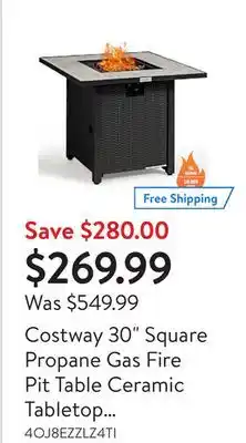 Walmart Costway 30 Square Propane Gas Fire Pit Table Ceramic Tabletop 50,000 BTU offer