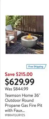 Walmart Teamson Home 36 Outdoor Round Propane Gas Fire Pit with Faux Concrete Base, Gray offer